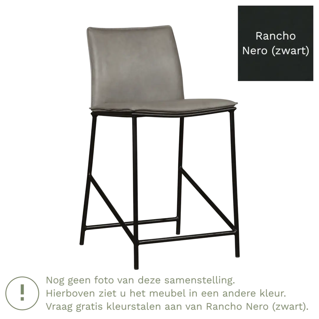 afbeelding van Leren barkruk laag Favor - Rancho Nero (zwart) - poten staal rond zwart